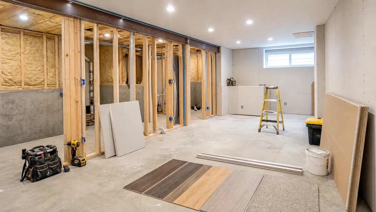 Basement finishing materials with insulation, flooring, lighting, and moisture control supplies