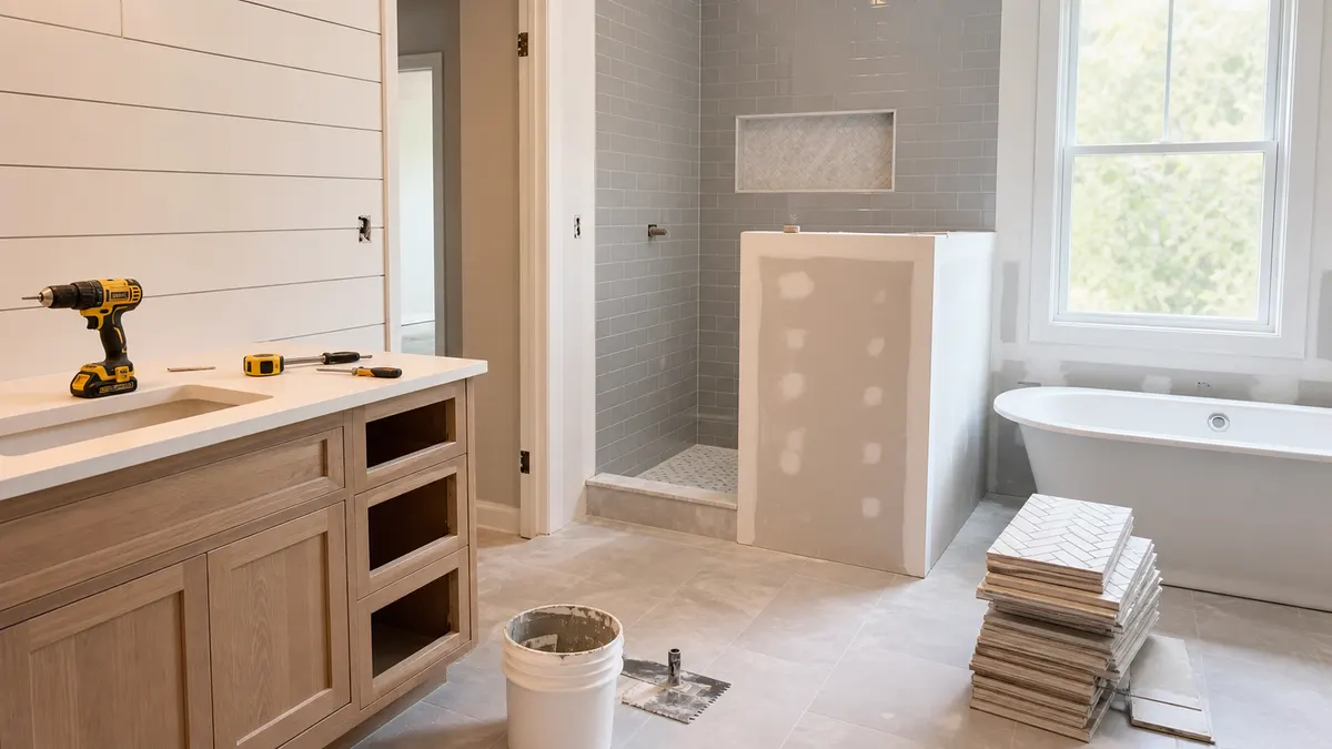 Bathroom remodel materials with tile, vanity hardware, faucet, and shower fixtures