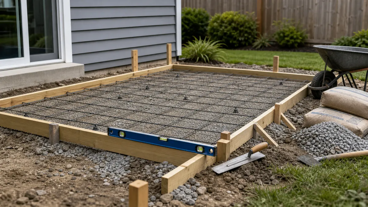 Concrete slab preparation with wood forms, gravel base, rebar, level, and wheelbarrow