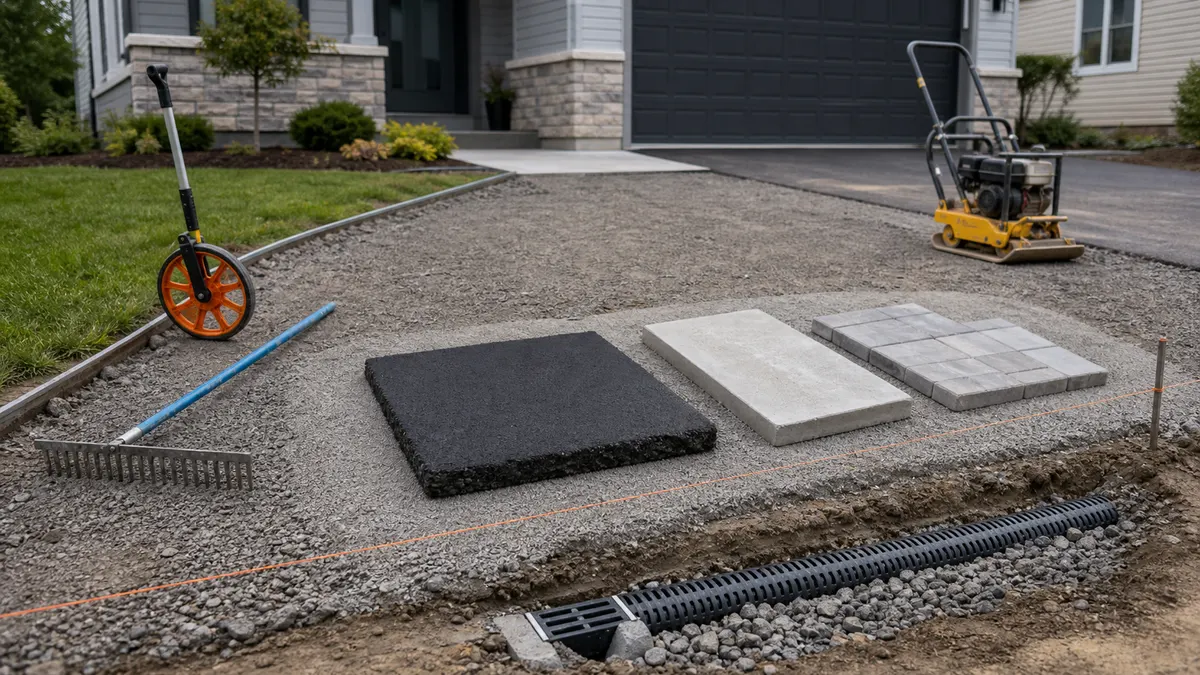 Driveway project planning with gravel base, asphalt, concrete samples, measuring wheel, compactor, and drainage channel
