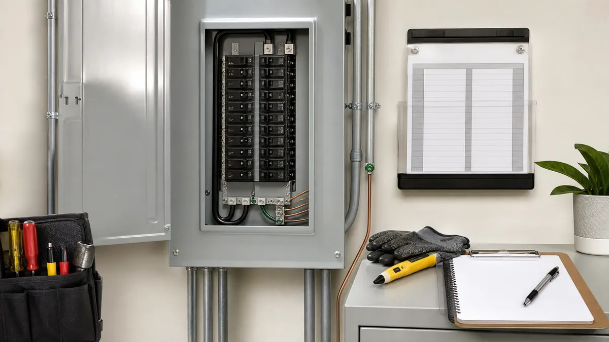 Electrical panel upgrade planning with organized breakers, conduit, grounding wire, voltage tester, and blank checklist