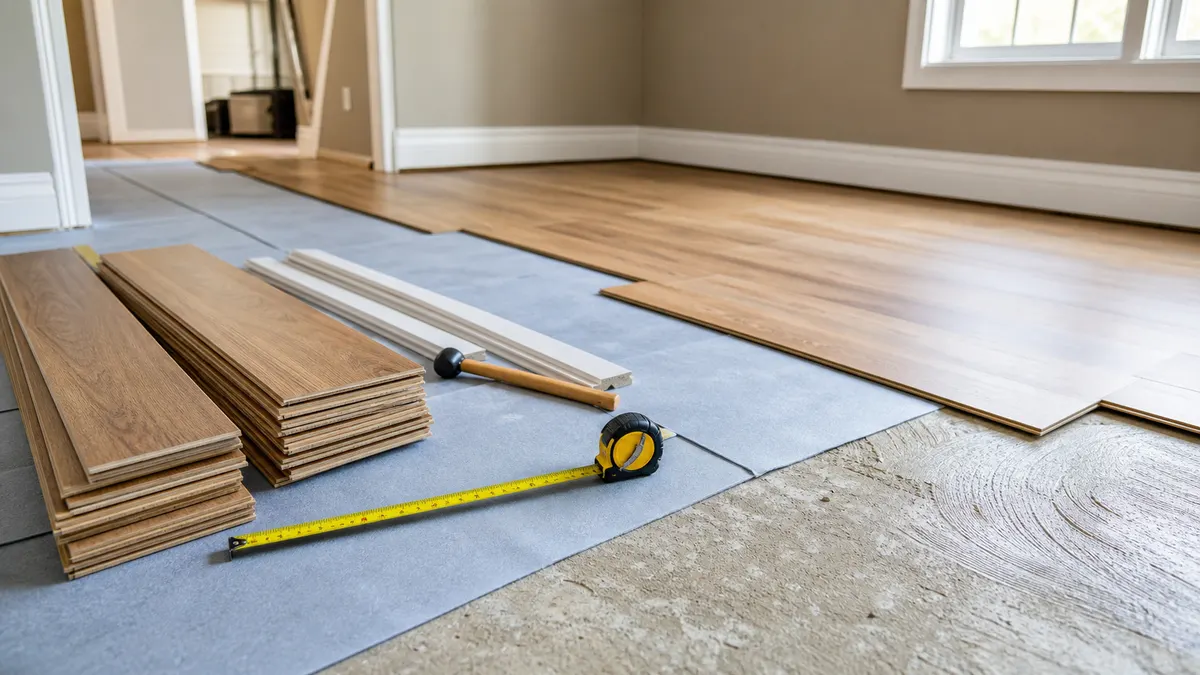 Flooring installation materials with planks, underlayment, spacers, trim, and measuring tools