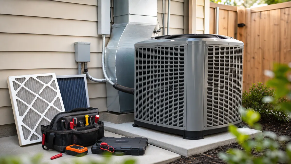 HVAC replacement equipment with ductwork, thermostat, filter, and service tools