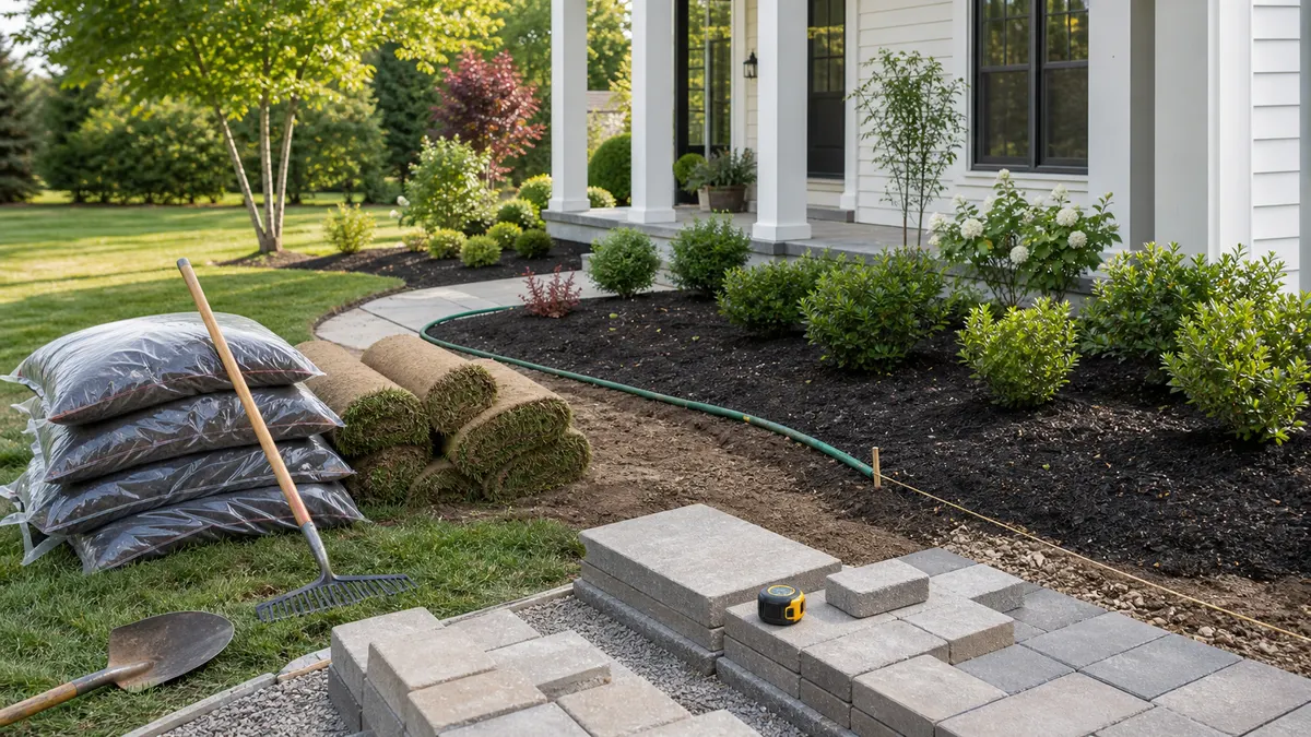 Residential landscaping materials with mulch, sod, shrubs, pavers, rake, shovel, and garden hose