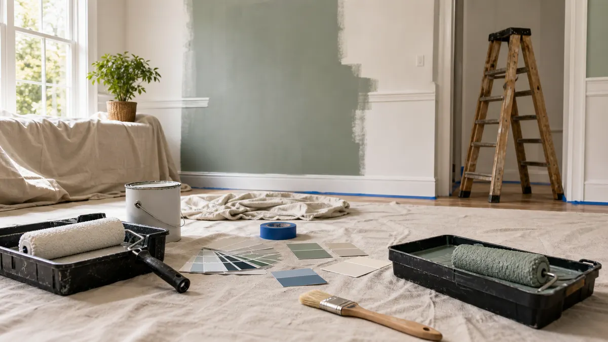 Interior painting project with drop cloths, rollers, painter tape, color samples, and a partially painted wall