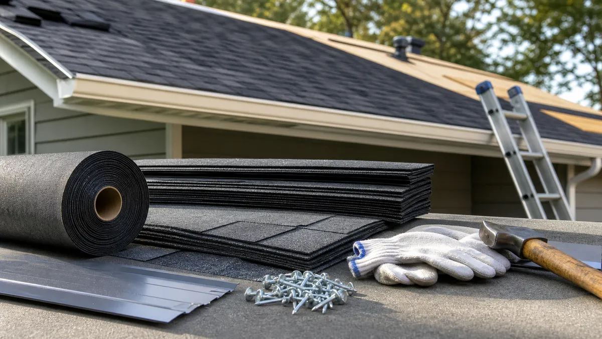 Roofing replacement materials with shingles, underlayment, flashing, nails, and ladder