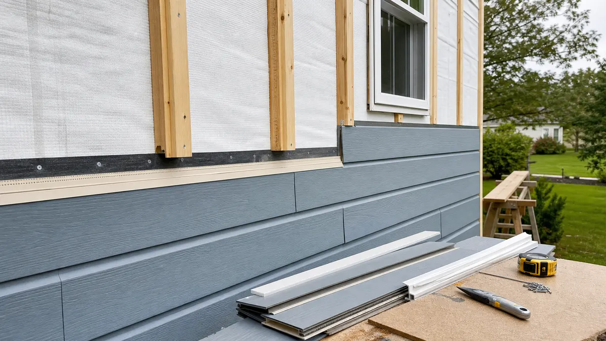 Siding replacement materials with house wrap, trim boards, siding panels, utility knife, and tape measure
