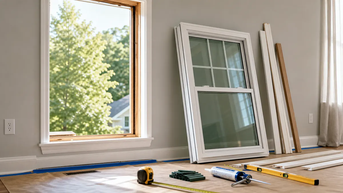 Window replacement project with new window unit, trim pieces, shims, caulk, tape measure, and level